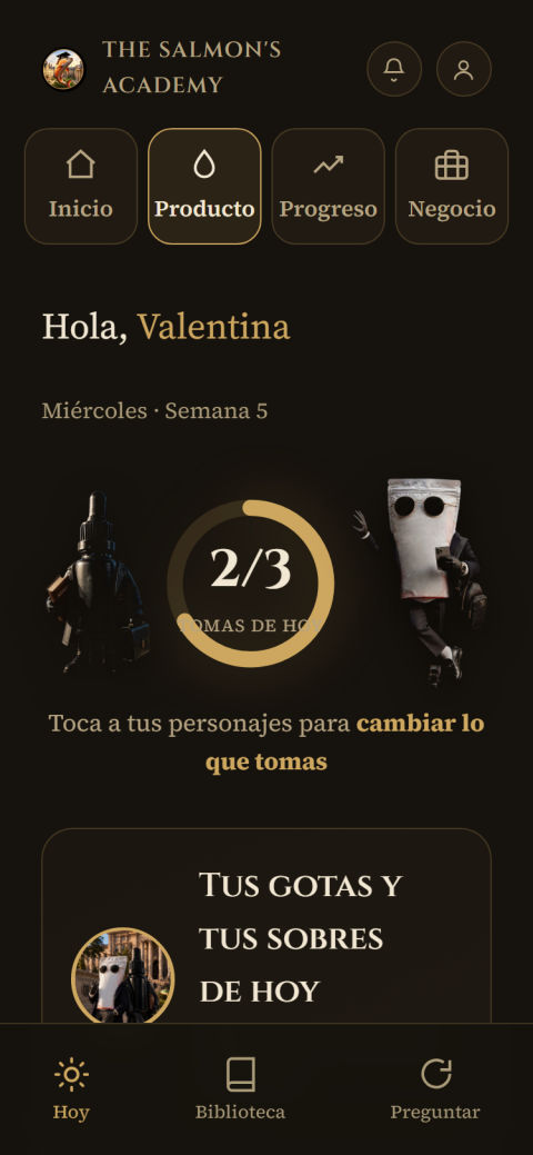 Pantalla de producto con tus tomas del día